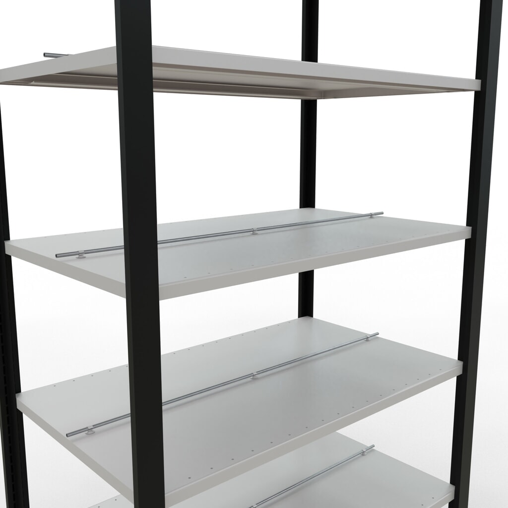 Rayonnage de bureau SCHULTE travée de base, utilisable des deux côtés, avec butées centrales, CT 150 kg, noir, HxlxP 2 300 x 1 000 x 600 mm N° de l'image du produit 4 : Rayonnage de bureau SCHULTE travée de base, utilisable des deux côtés, avec butées centrales, CT 150 kg, noir, HxlxP 2 300 x 1 000 x 600 mm