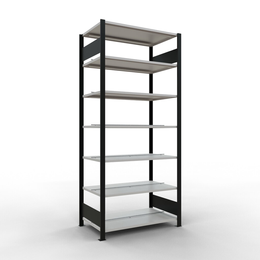 Illustration du produit: Rayonnage de bureau SCHULTE travée de base, utilisable des deux côtés, avec butées centrales, CT 150 kg, noir, HxlxP 2 300 x 1 000 x 600 mm