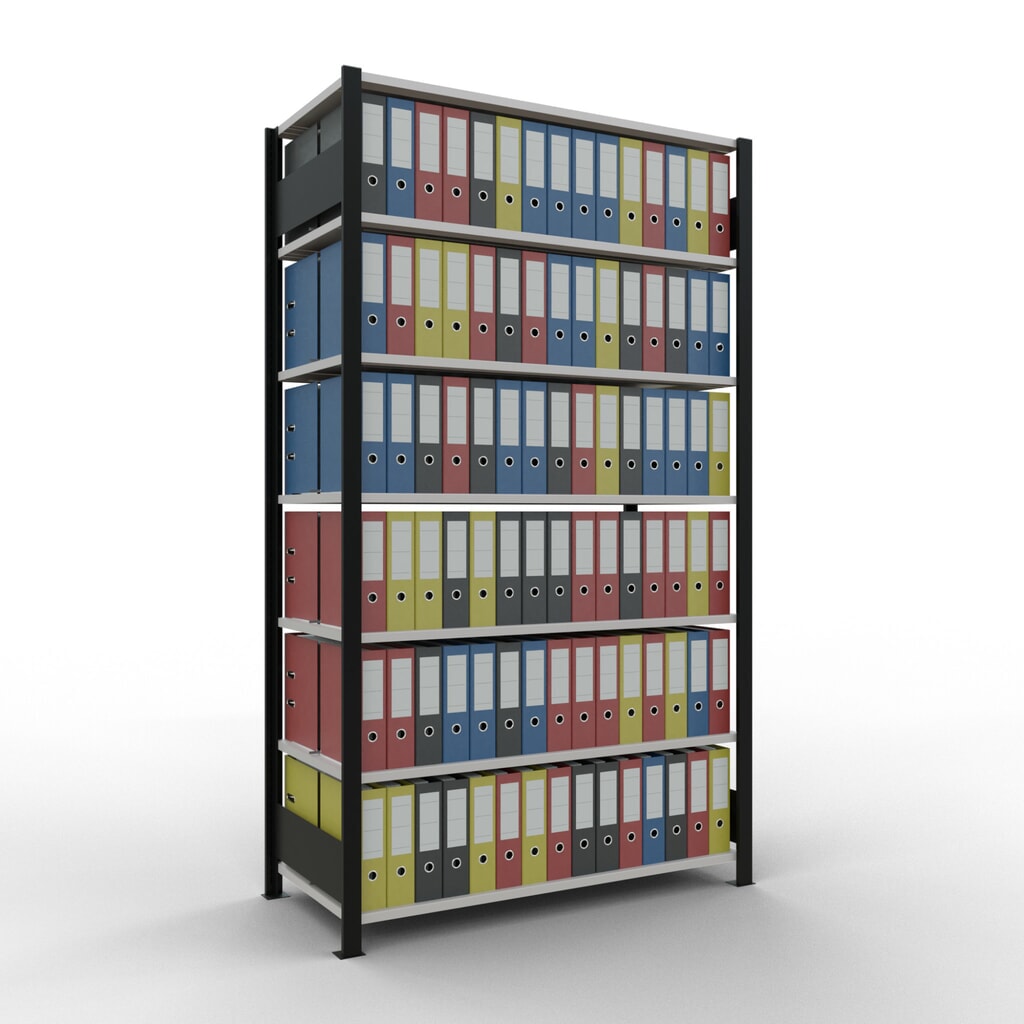 N° de l'image du produit 2 : Rayonnage de bureau SCHULTE travée de base, utilisable des deux cotés, avec butées centrales, CT 150 kg, noir, HxlxP 2 300 x 1 300 x 600 mm