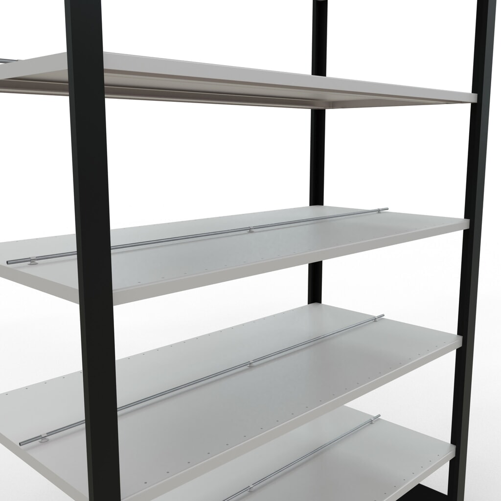 N° de l'image du produit 4 : Rayonnage de bureau SCHULTE travée de base, utilisable des deux cotés, avec butées centrales, CT 150 kg, noir, HxlxP 2 300 x 1 300 x 600 mm