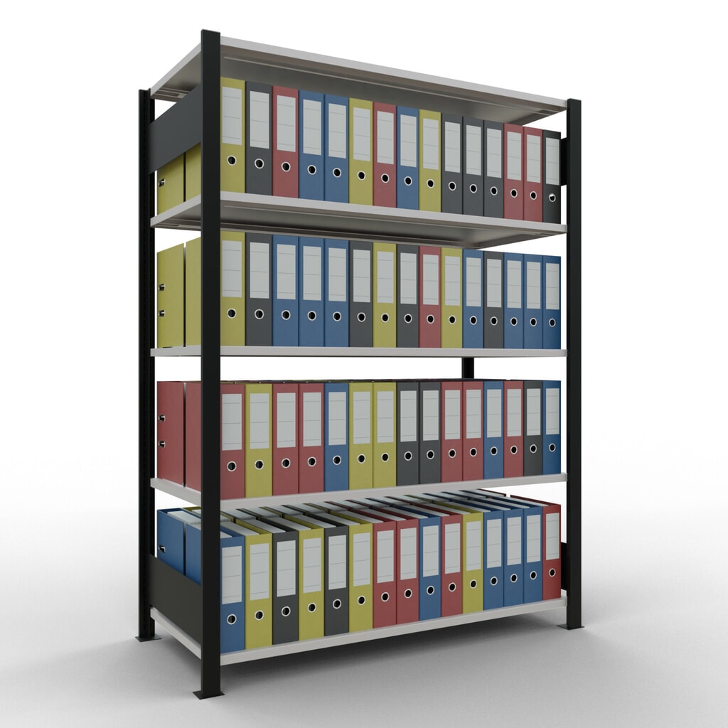 Rayonnage de bureau SCHULTE travée de base, utilisable des deux cotés, sans butées centrales, CT 150 kg, noir, HxlxP 1 800 x 1 300 x 600 mm N° de l'image du produit 2 : Rayonnage de bureau SCHULTE travée de base, utilisable des deux cotés, sans butées centrales, CT 150 kg, noir, HxlxP 1 800 x 1 300 x 600 mm