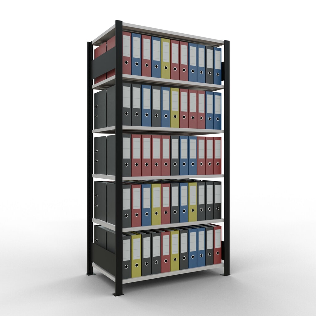 Rayonnage de bureau SCHULTE travée de base, utilisable des deux cotés, sans butées centrales, CT 150 kg, noir, HxlxP 2 000 x 1 000 x 600 mm N° de l'image du produit 2 : Rayonnage de bureau SCHULTE travée de base, utilisable des deux cotés, sans butées centrales, CT 150 kg, noir, HxlxP 2 000 x 1 000 x 600 mm