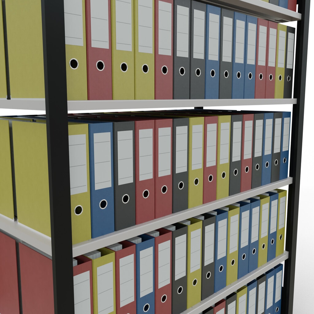 N° de l'image du produit 3 : Rayonnage de bureau SCHULTE travée de base, utilisable des deux côtés, sans butées centrales, CT 150 kg, noir, HxlxP 2 000 x 1 300 x 600 mm