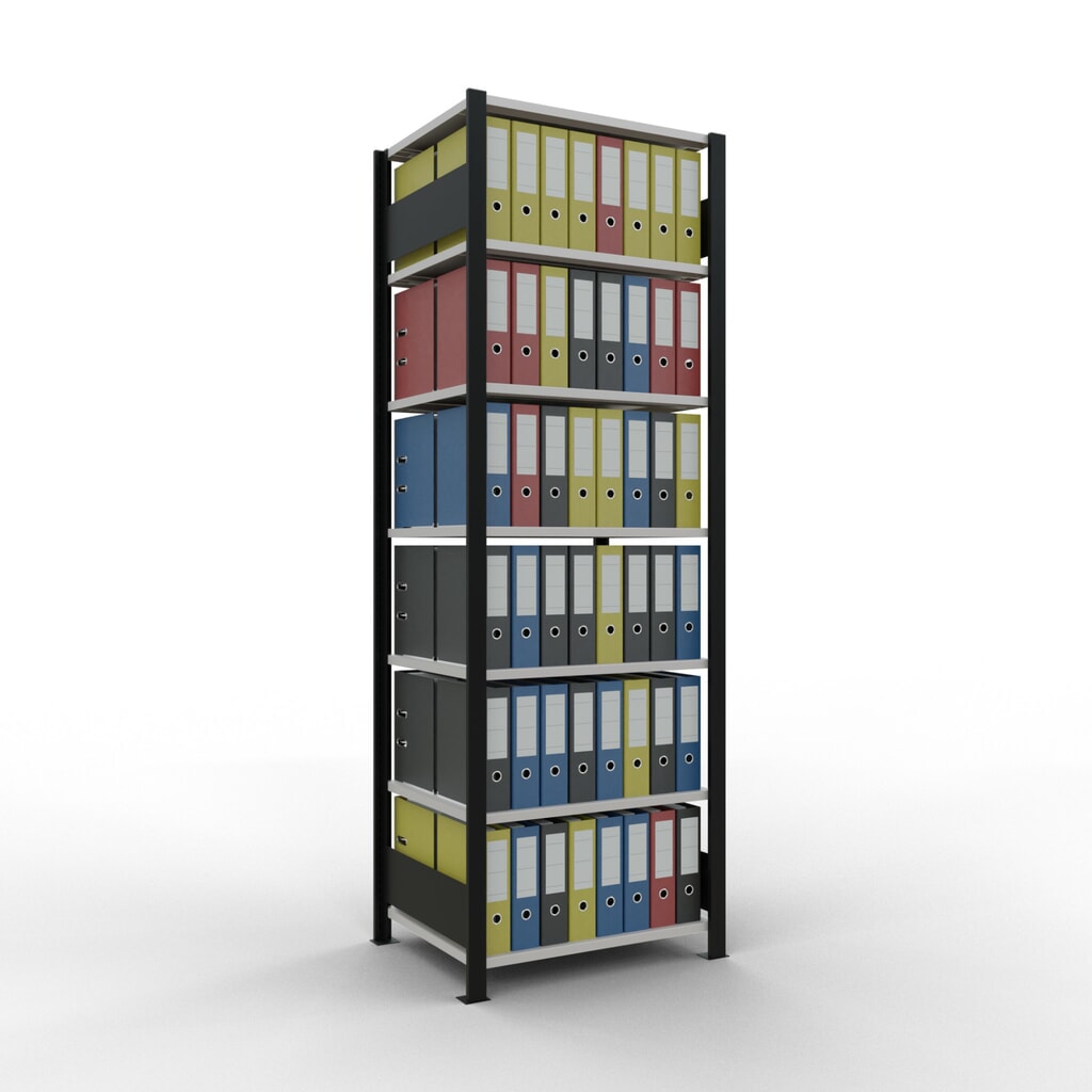 N° de l'image du produit 2 : Rayonnage de bureau SCHULTE travée de base, utilisable des deux côtés, sans butées centrales, CT 150 kg, noir, HxlxP 2 300 x 750 x 600 mm