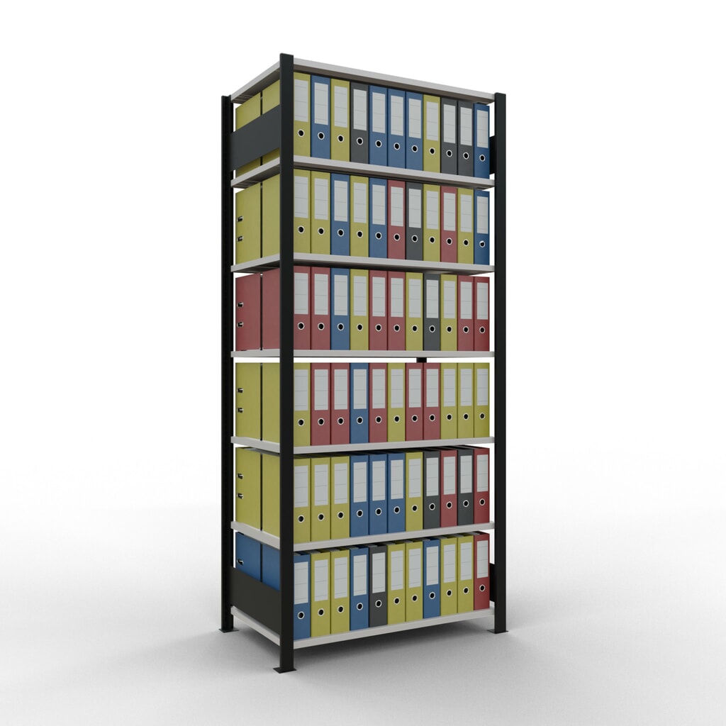 N° de l'image du produit 2 : Rayonnage de bureau SCHULTE travée de base, utilisable des deux côtés, sans butées centrales, CT 150 kg, noir, HxlxP 2 300 x 1 000 x 600 mm