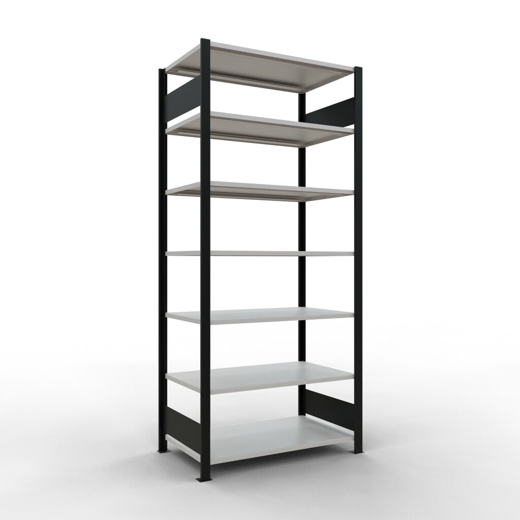 Illustration du produit: Rayonnage de bureau SCHULTE travée de base, utilisable des deux côtés, sans butées centrales, CT 150 kg, noir, HxlxP 2 300 x 1 000 x 600 mm