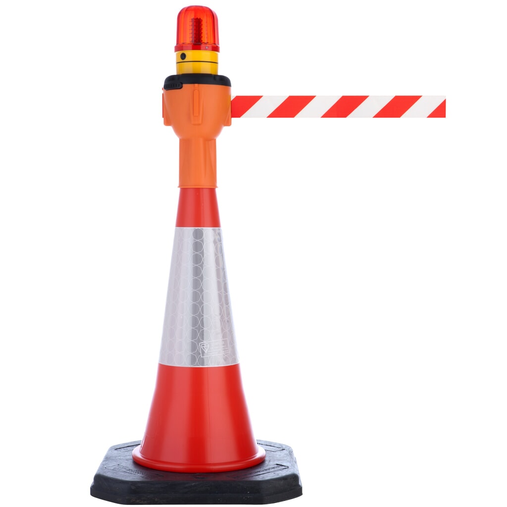 Réhausseur de cône de signalisation RS-GUIDESYSTEMS® SK 900, longueur 9 m, boîtier orange, sangle rouge/blanc N° de l'image du produit 2 : Réhausseur de cône de signalisation RS-GUIDESYSTEMS® SK 900, longueur 9 m, boîtier orange, sangle rouge/blanc