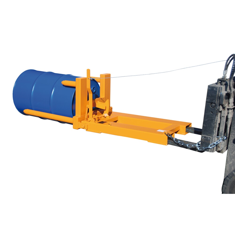 N° de l'image du produit 2 : Bauer® pince à fûts FW-I pour fûts à bonde en acier de 200 litres et fûts à arceau, retournement de fûts, accessoire pour chariot élévateur, peinte, RAL 2000 jaune-orange