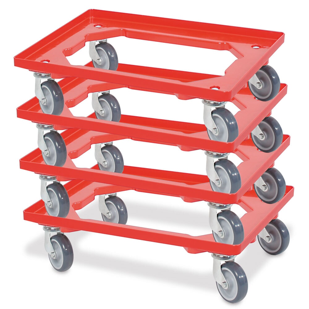 N° de l'image du produit 2 : Rouleau de transport pour Bacs empilables Euro 600x400 mm rouge, 4 roulettes pivotantes, roues en Caoutchouc gris