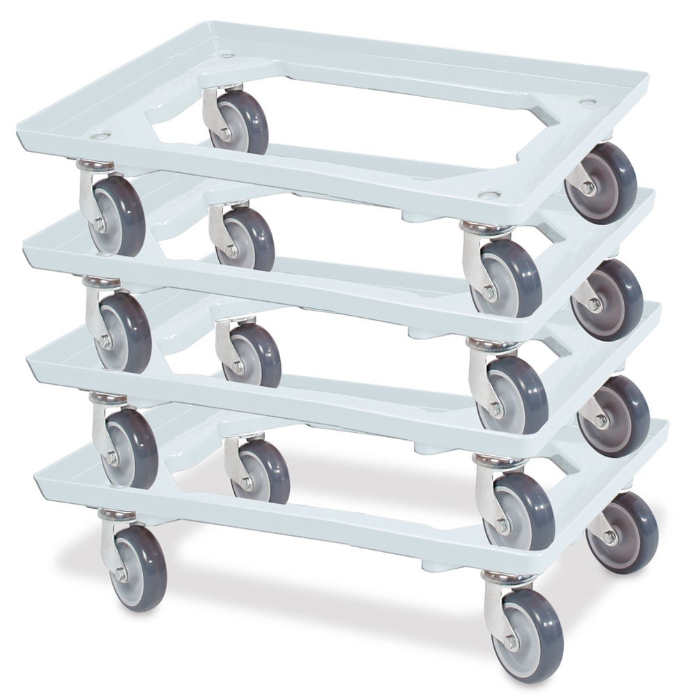 N° de l'image du produit 2 : Rouleau de transport pour Bacs empilables Euro 600x400 mm blanc, 4 roulettes pivotantes, roues en Caoutchouc gris