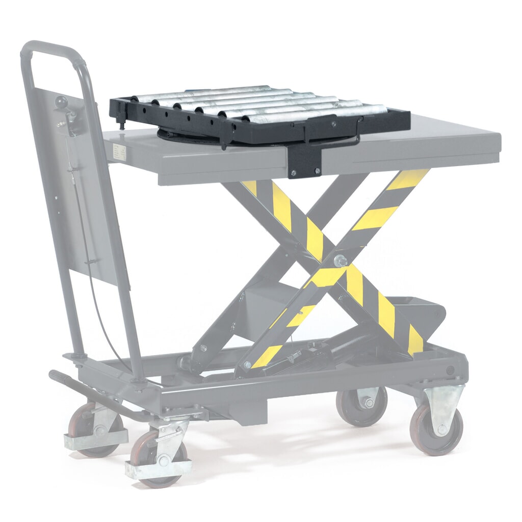 Illustration du produit: Rouleaux de manutention pour chariot à plate-forme élévatrice à ciseaux fetra® avec panneau de butée, pivotant