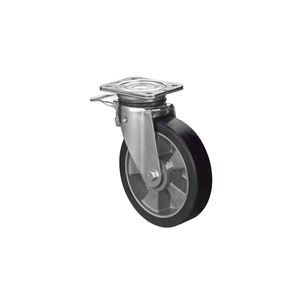 Roulette pour charges lourdes en polyuréthane moulé, roue directrice avec dispositif de blocage, roulement à billes, plaque, Ø x largeur 160 x 50 mm, capacité de charge 500 kg