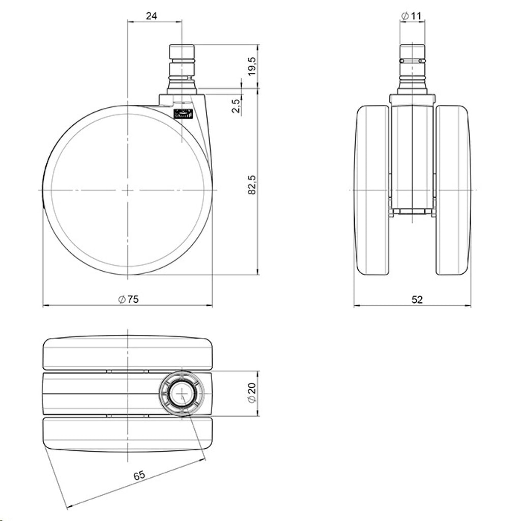 N° de l'image du produit 4 : 5x roulettes pour moquette hjh OFFICE ROLO No Noise 11mm / 75mm roulettes de chaise de bureau pour moquette, (lot de 5)