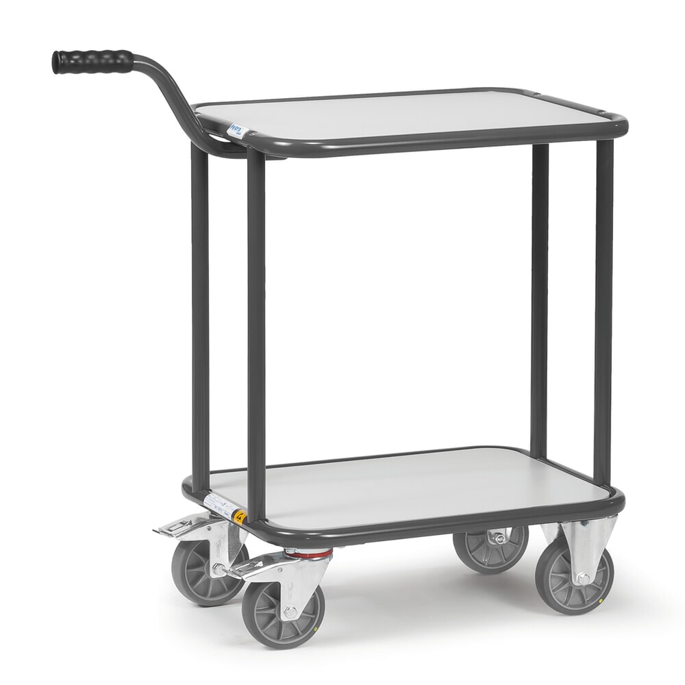 Illustration du produit: Rouleur à poignée ESD fetra® avec tablettes en bois, 2 surfaces de chargement de 450 x 600 mm