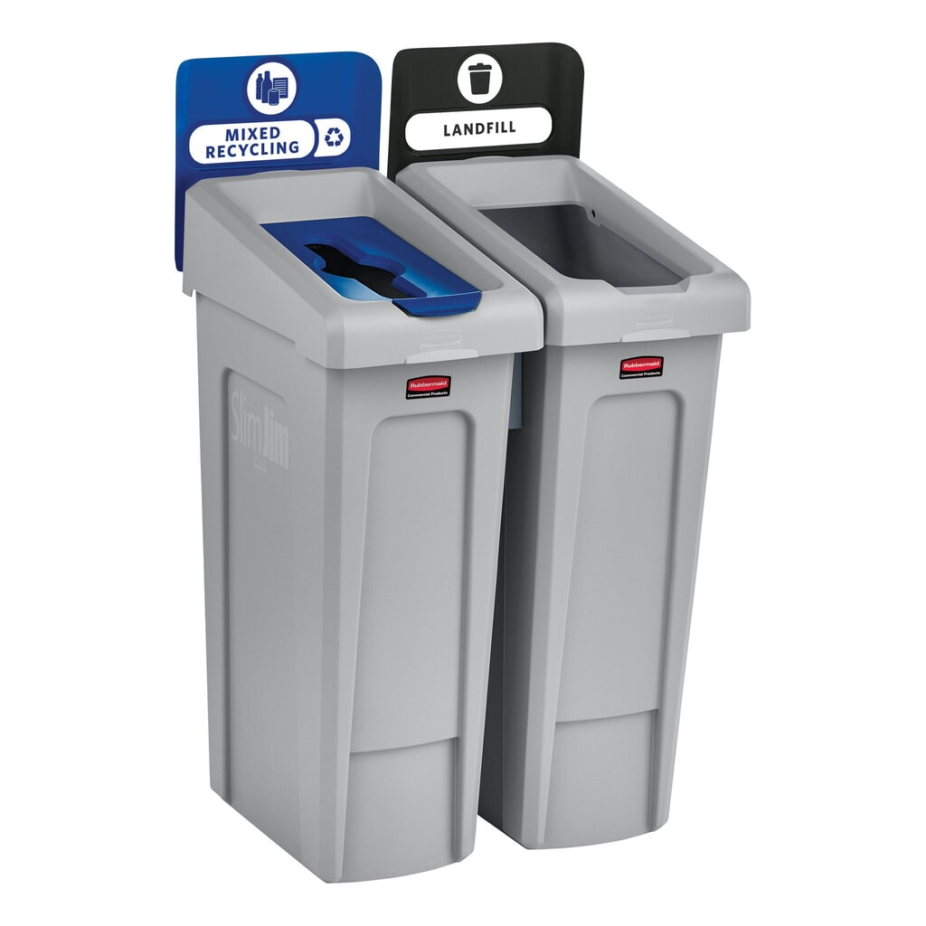 Rubbermaid® Kit de démarrage pour station de recyclage Slim Jim, avec collecteur de matériaux de 87 litres, avec couvercle ouvert, avec raccord emboîtable N° de l'image du produit 4 : Rubbermaid® Kit de démarrage pour station de recyclage Slim Jim, avec collecteur de matériaux de 87 litres, avec couvercle ouvert, avec raccord emboîtable