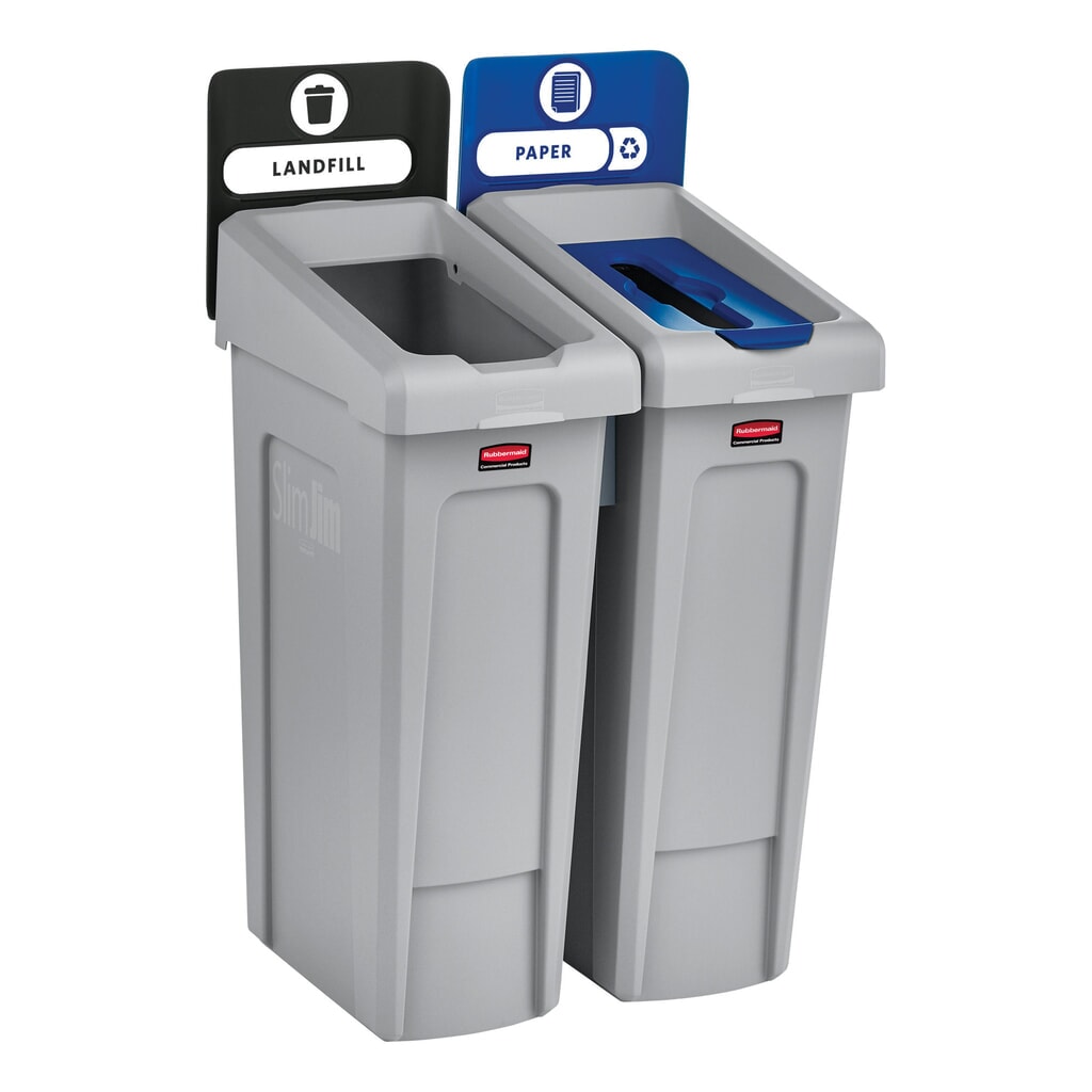 Rubbermaid® Kit de démarrage pour station de recyclage Slim Jim, avec collecteur de matériaux de 87 litres, avec couvercle ouvert, avec raccord emboîtable N° de l'image du produit 5 : Rubbermaid® Kit de démarrage pour station de recyclage Slim Jim, avec collecteur de matériaux de 87 litres, avec couvercle ouvert, avec raccord emboîtable