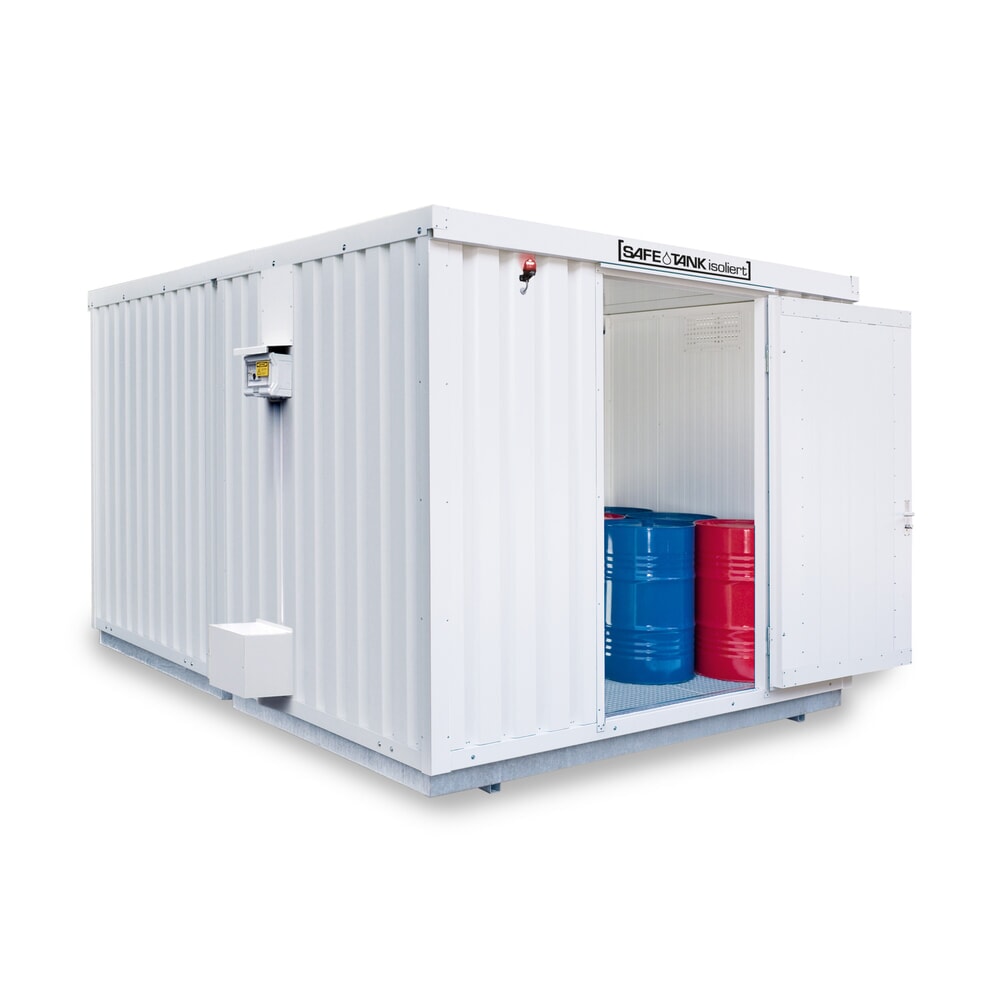 Illustration du produit: Combinaison de conteneurs pour substances dangereuses SAFE Tank, 2000 ALG, isolés, prémontés, revêtement plastique RAL 9002, dimensions extérieures 3 350x4 340x2 560 mm, porte à un battant, au centre du côté avant, surface de stockage 11 m²