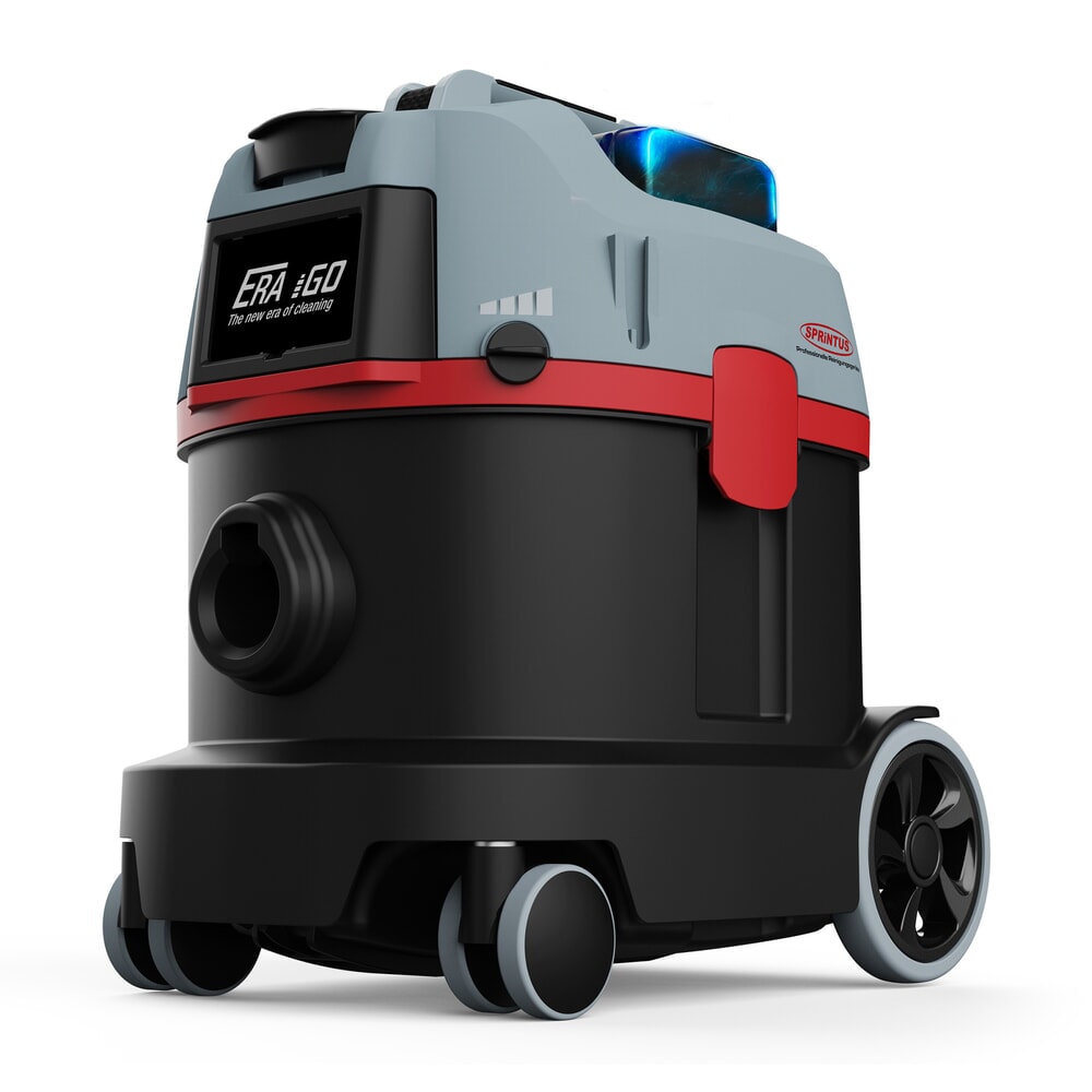 Illustration du produit: Aspirateur de bureau à batterie SPRiNTUS Era iGo, avec des batteries de 5 Ah et un chargeur.