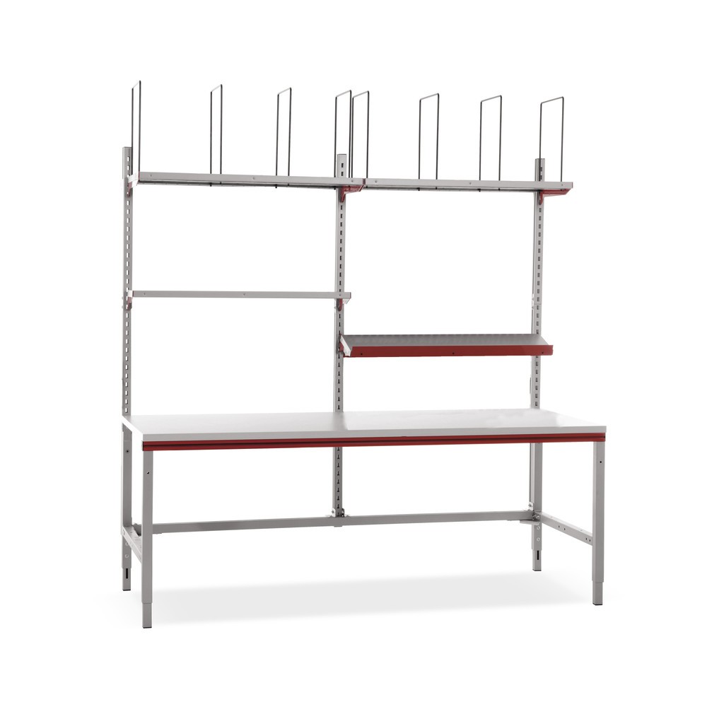 Illustration du produit: Rocholz table d’emballage FLEX réglable en hauteur manuellement, installation avec tablettes et séparateurs de casiers, H x l x P 690-960 x 2 000 x 800 mm