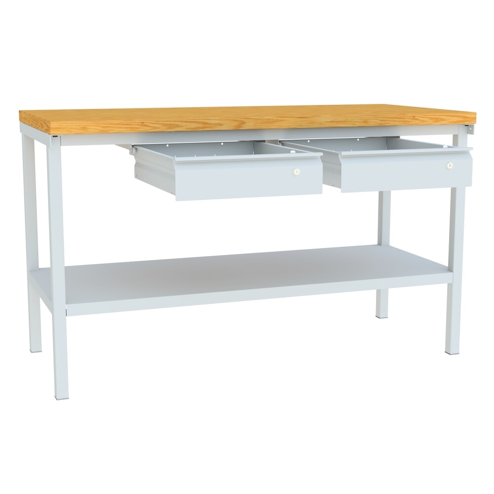 N° de l'image du produit 5 : Table d’établi PAVOY avec 2 tiroirs + tablette, H x l x P 900 x 1 500 x 700 mm, gris clair, gris clair