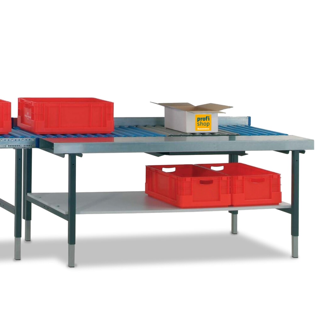 Illustration du produit: Rocholz Table d’emballage SYSTEM 2000 réglable manuellement en hauteur, avec transrouleur, avec surface de travail et balance, H x l x P 690-960 x 1 955 x 920 mm
