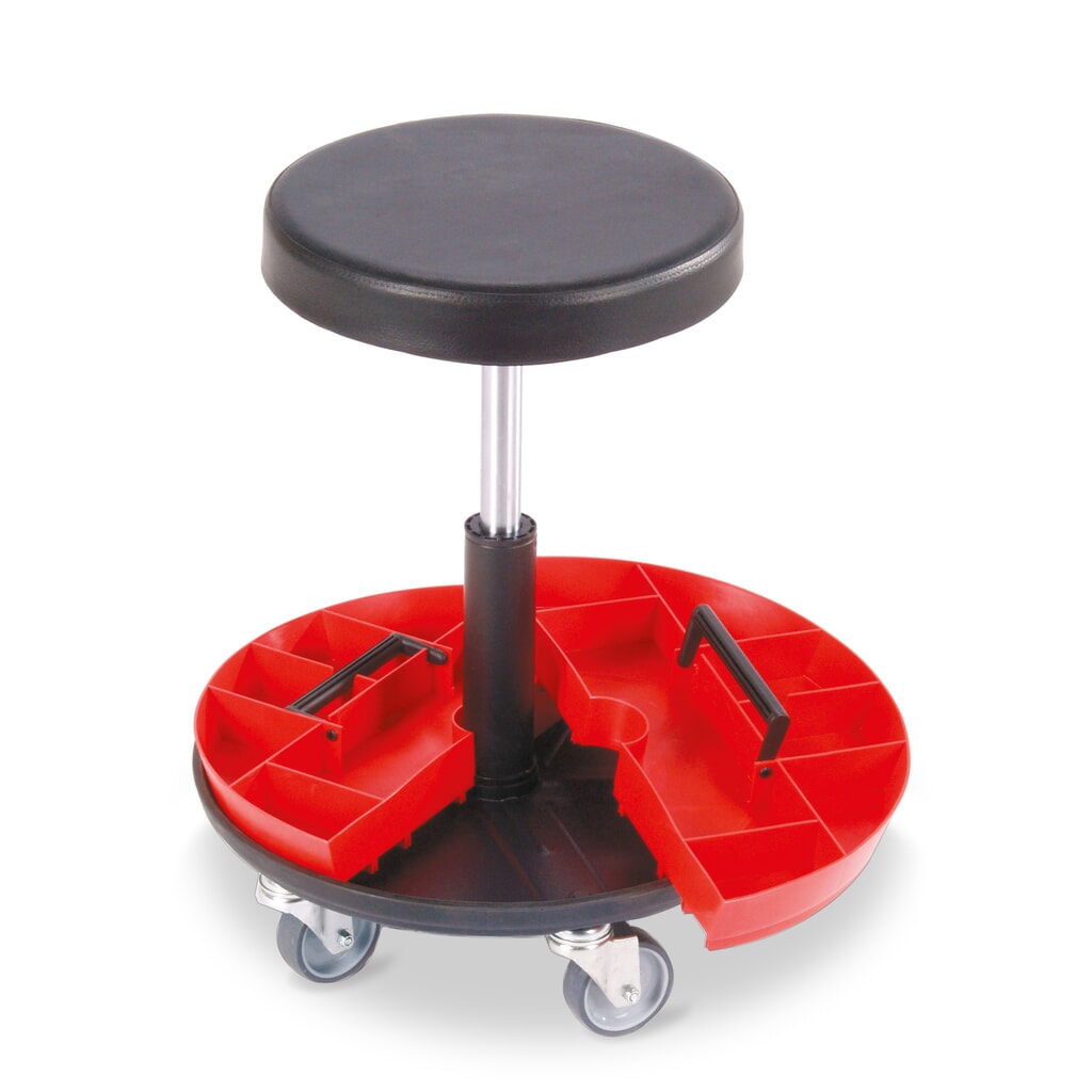 Illustration du produit: Tabouret avec plateau porte-outils en 2 parties, hauteur d’assise 520 à 545 mm, roulettes