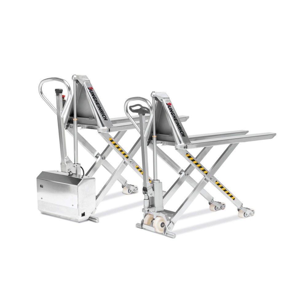 N° de l'image du produit 1 : Transpalette à ciseaux en acier inoxydable Jungheinrich AMX I15ep, professionnel, capacité de charge 1 500 kg, longueur des fourches 1 200 mm, nylon