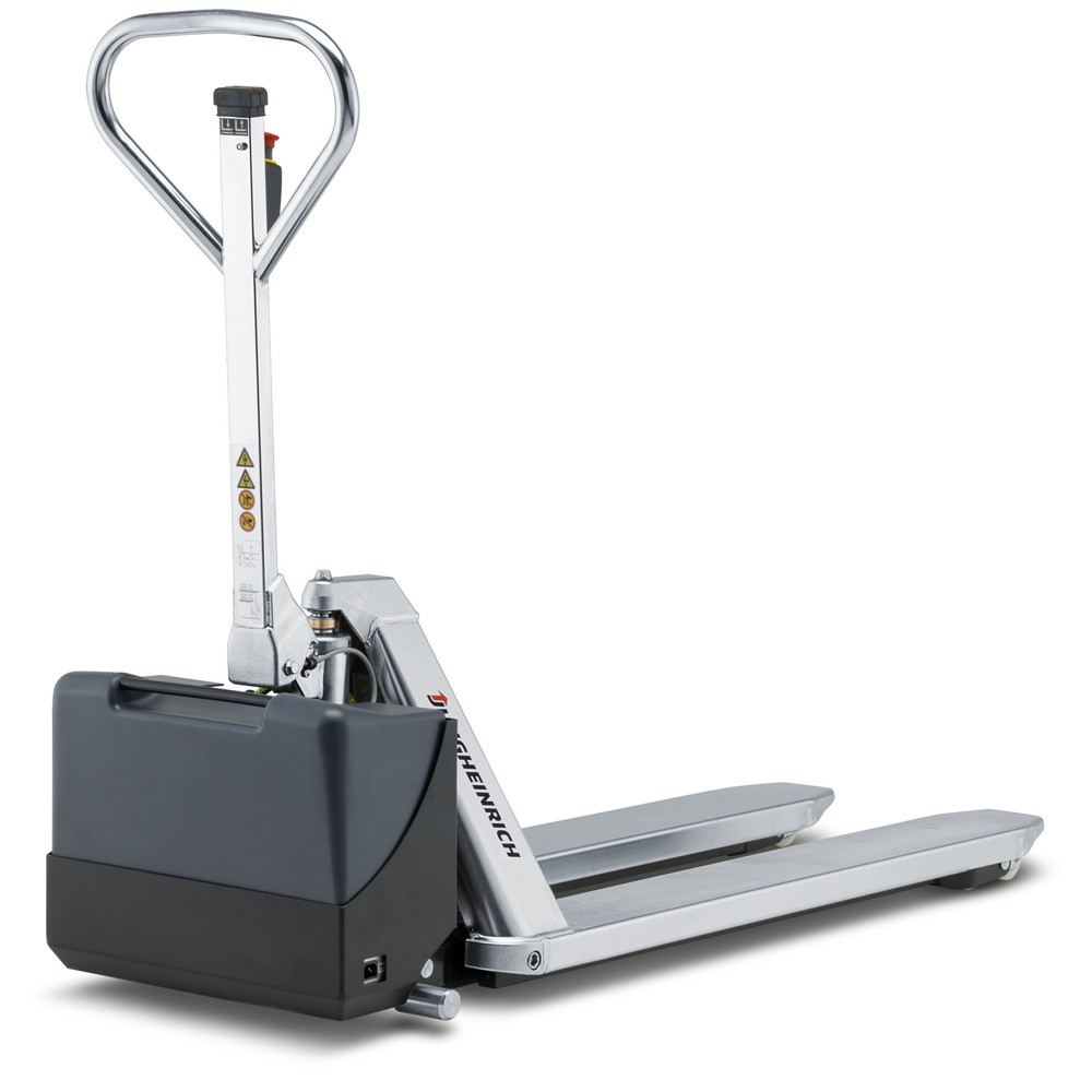 N° de l'image du produit 1 : Transpalette à ciseaux en acier inoxydable Jungheinrich AMX I15e, capacité de charge 1 500 kg, longueur des fourches 1 200 mm, nylon