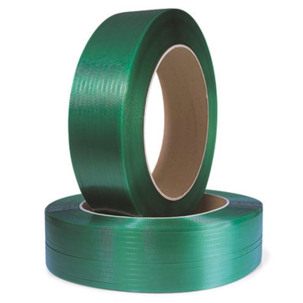 Feuillard de cerclage en PET, 16 mm x 1 750 m, noyau Ø 406 mm, épaisseur : 0,70 mm, vert Illustration du produit: Feuillard de cerclage en PET, 16 mm x 1 750 m, noyau Ø 406 mm, épaisseur : 0,70 mm, vert