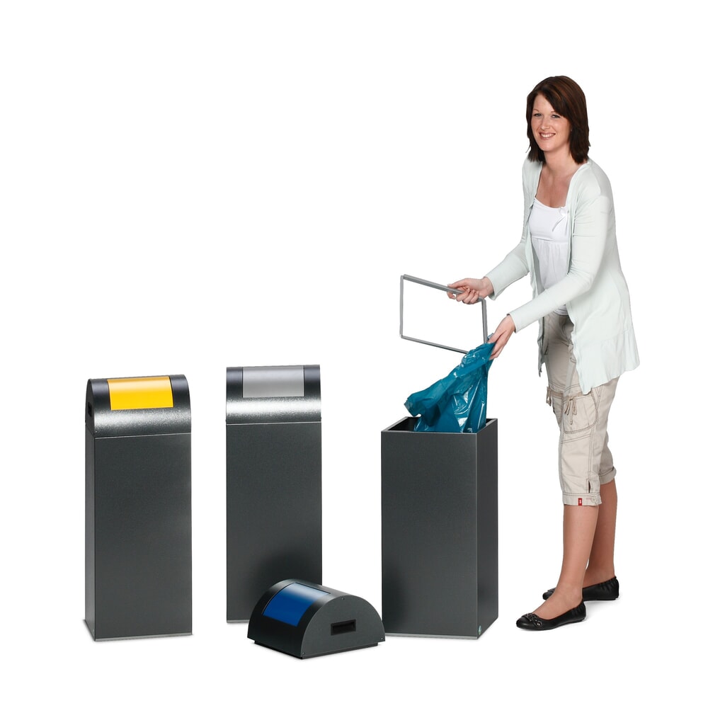 VAR® Collecteur de déchets, 60 litres, autoextinguible, corps argent antique, couvercle rond / jaune N° de l'image du produit 4 : VAR® Collecteur de déchets, 60 litres, autoextinguible, corps argent antique, couvercle rond / jaune