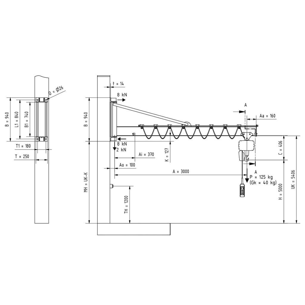N° de l'image du produit 2 : VETTER® Potence, palan électrique à chaîne LIFTKET compris, version murale avec haubanage, portée 3 000 mm, capacité de charge 125 kg