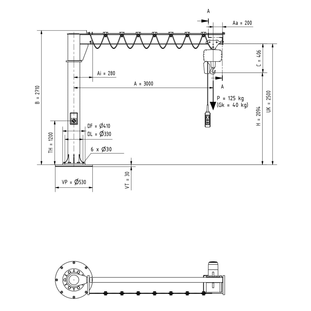 VETTER® Potence, palan électrique à chaîne LIFTKET compris, version sur fût, plage de pivotement de 360°, portée 3 000 mm, capacité de charge 125 kg N° de l'image du produit 3 : VETTER® Potence, palan électrique à chaîne LIFTKET compris, version sur fût, plage de pivotement de 360°, portée 3 000 mm, capacité de charge 125 kg