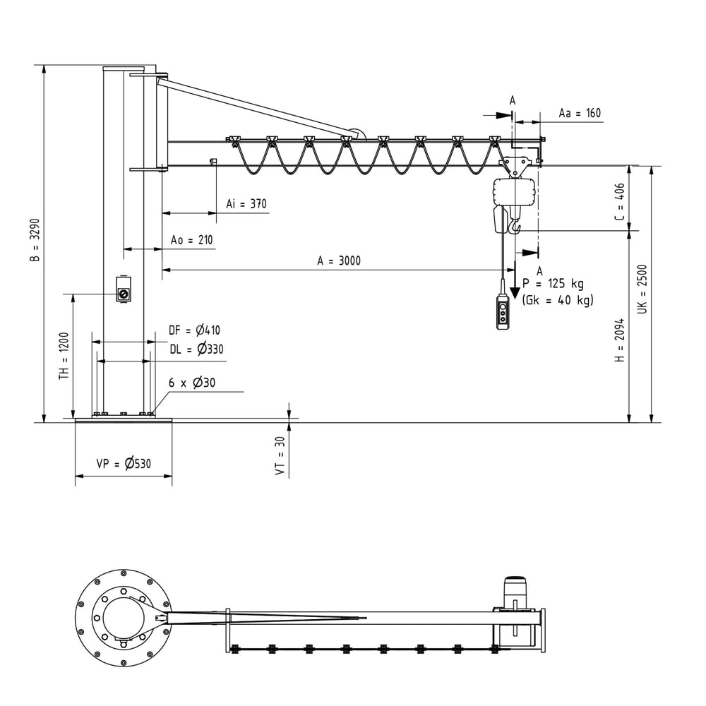 N° de l'image du produit 3 : VETTER® Potence, palan électrique à chaîne LIFTKET compris, version sur fût avec haubanage, matériel de fixation compris, portée 3 000 mm, capacité de charge 125 kg