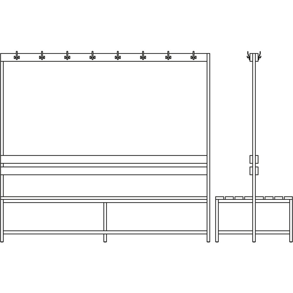 N° de l'image du produit 2 : HEMMDAL Banc de vestiaire HUB-1, utilisable des 2 côtés, avec barre à patères et grille porte-chaussures, longueur 2 000 mm