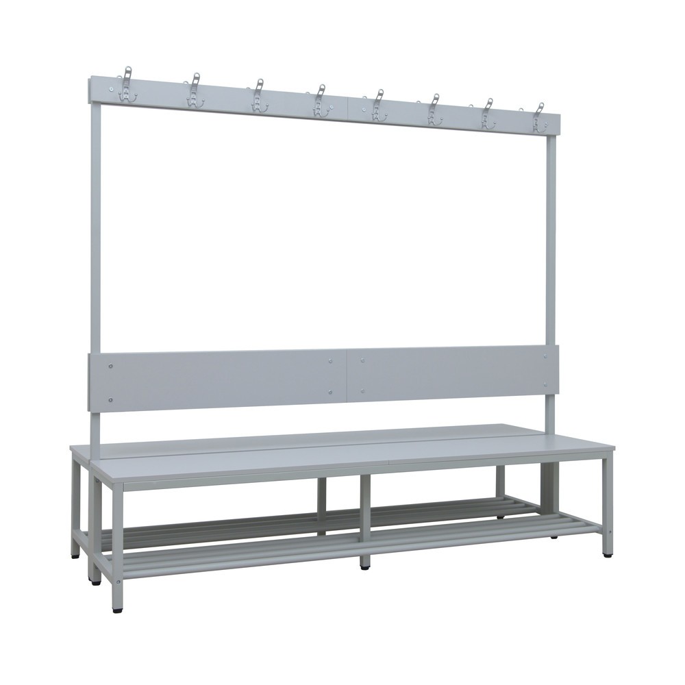 N° de l'image du produit 1 : HEMMDAL Banc de vestiaire HUB-1, utilisable des 2 côtés, avec barre à patères et grille porte-chaussures, longueur 2 000 mm