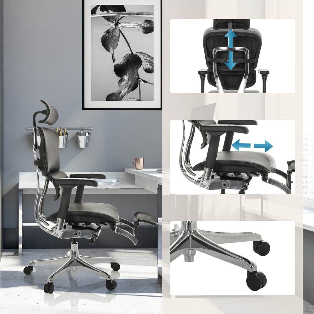 N° de l'image du produit 4 : Fauteuil de direction hjh OFFICE ERGOHUMAN PLUS LEGPRO GEN2, capacité de charge 150 kg, avec repose-jambes, cuir, coussin en tissu 450-560 mm, noir