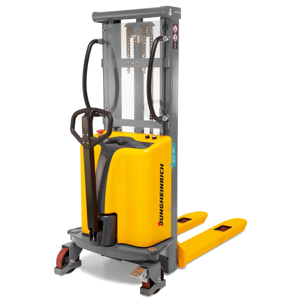 Illustration du produit: Gerbeur électrique Jungheinrich HC 110, semi-électrique, mât télescopique double, hauteur de levage 2 500 mm, capacité de charge 1 000 kg