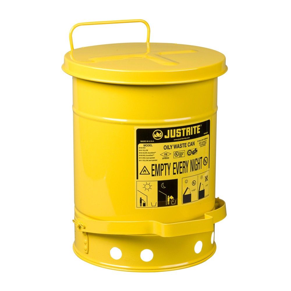 Produktabbildung Nr. 1: Werkbankverzamelbak Justrite, voetpedaal, geel, 20 liter