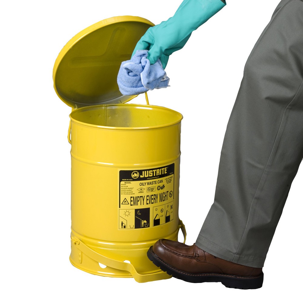Produktabbildung Nr. 2: Werkbankverzamelbak Justrite, voetpedaal, geel, 20 liter