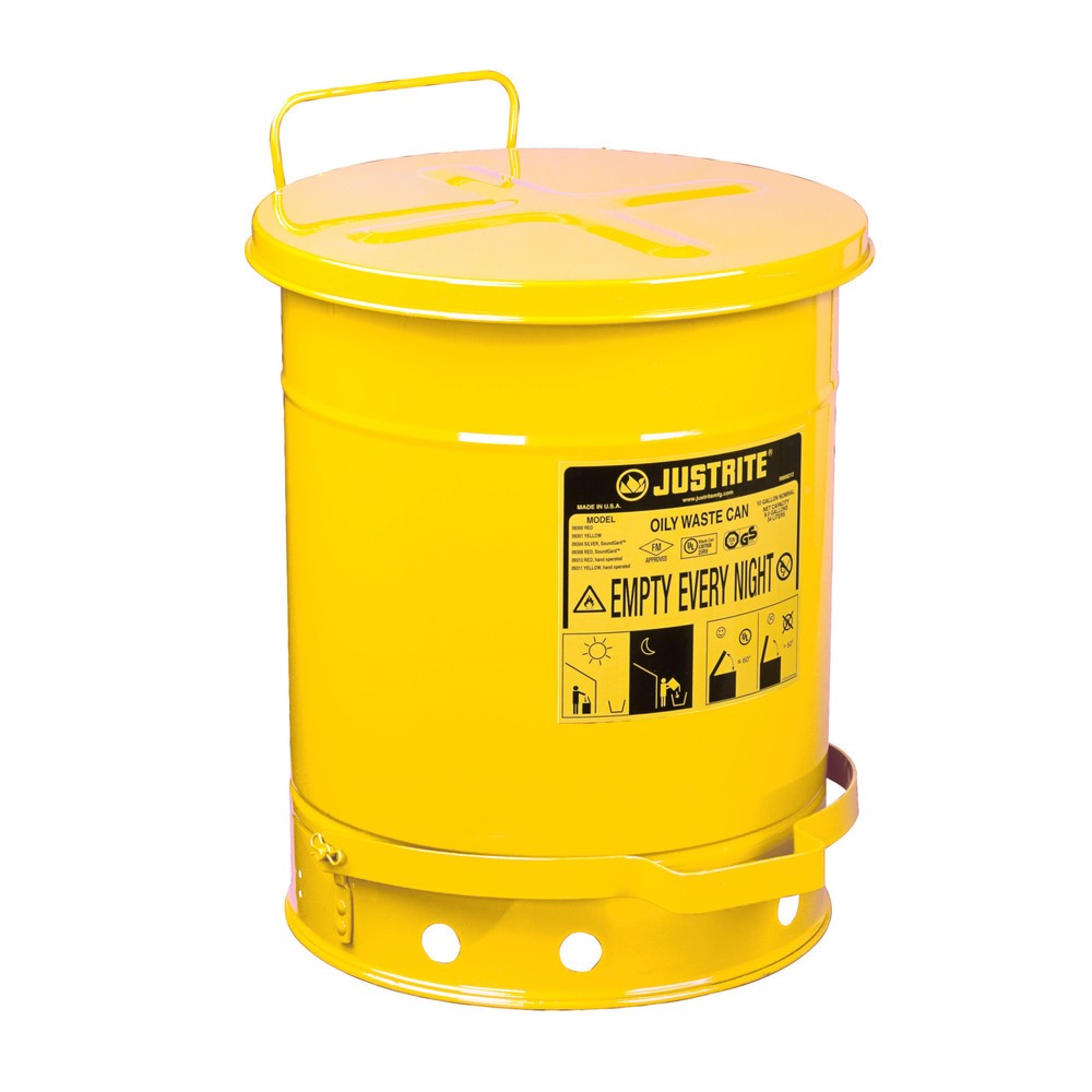 Product afbeelding: Justrite werkbankverzamelbak, voetpedaal, geel, 34 liter