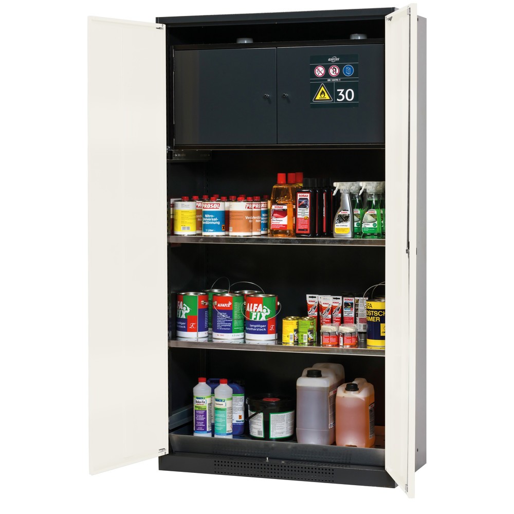 Product afbeelding: Kast voor chemicaliën en giftige stoffen met veiligheidsbox type 30, asecos®, 2 legborden, 1 lekbak, zuiver wit