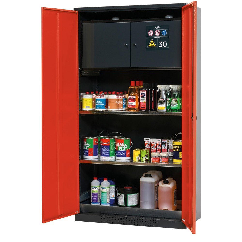 Product afbeelding: Kast voor chemicaliën en giftige stoffen met veiligheidsbox type 30, asecos®, 2 legborden, 1 lekbak, verkeersrood