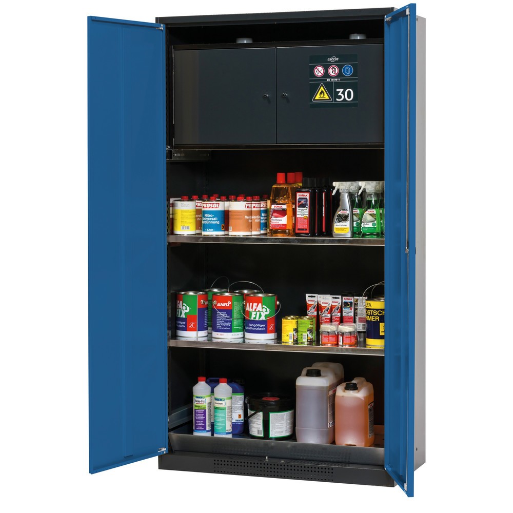 Product afbeelding: Kast voor chemicaliën en giftige stoffen met veiligheidsbox type 30, asecos®, 2 legborden, 1 lekbak, gentiaanblauw