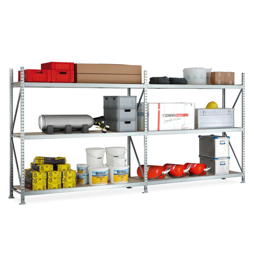 Produktabbildung Nr. 1: Pack complet rayonnage grande portée META, avec panneaux de particules, charge par tablette 600 kg, H x l x P 2 200 x 3 600 x 650 mm