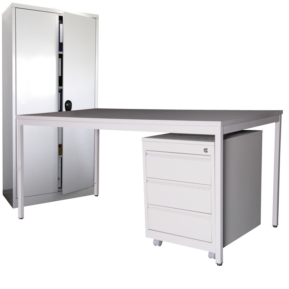 Illustration du produit: Kit d'aménagement, bureau Lxl 1 800 x 800 mm avec conteneur à roulettes + armoire à portes battantes Lxl 1 800 x 800 mm, gris clair
