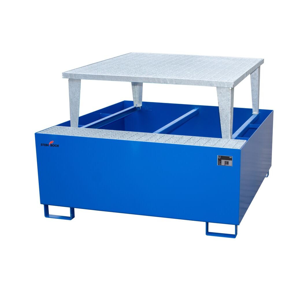 Produktabbildung Nr. 1: Lekbak Steinbock® van staal voor 1 x KTC/IBC, incl. aftapaansluiting, blauw