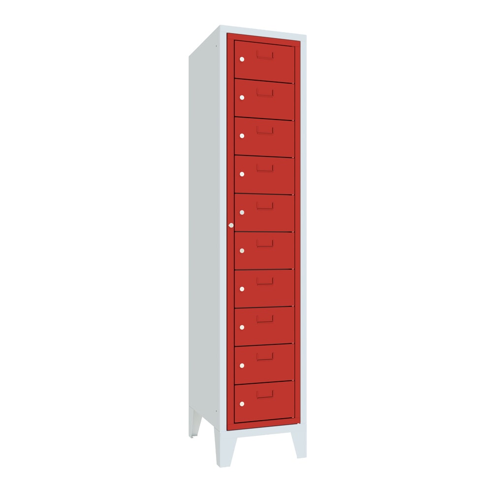 Productafbeelding nr. 1: Locker PAVOY met centrale deur, 1 x 10 vakken, hxbxd 1.850 x 400 x 500 mm, met poten, vuurrood, lichtgrijs