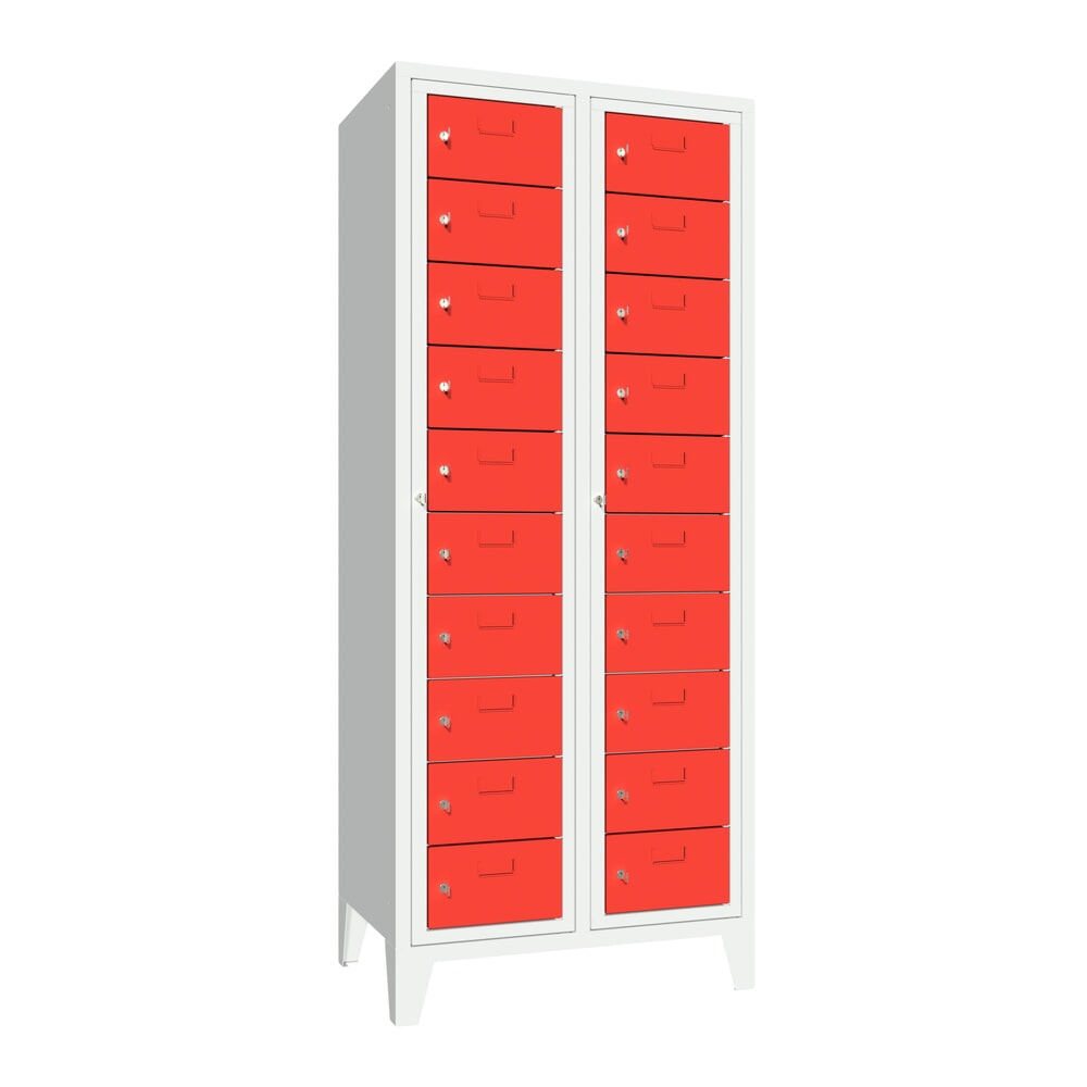 Produktabbildung Nr. 1: Locker PAVOY met centrale deur, 2 x 10 vakken, hxbxd 1.850 x 770 x 500 mm, met poten, vuurrood, lichtgrijs