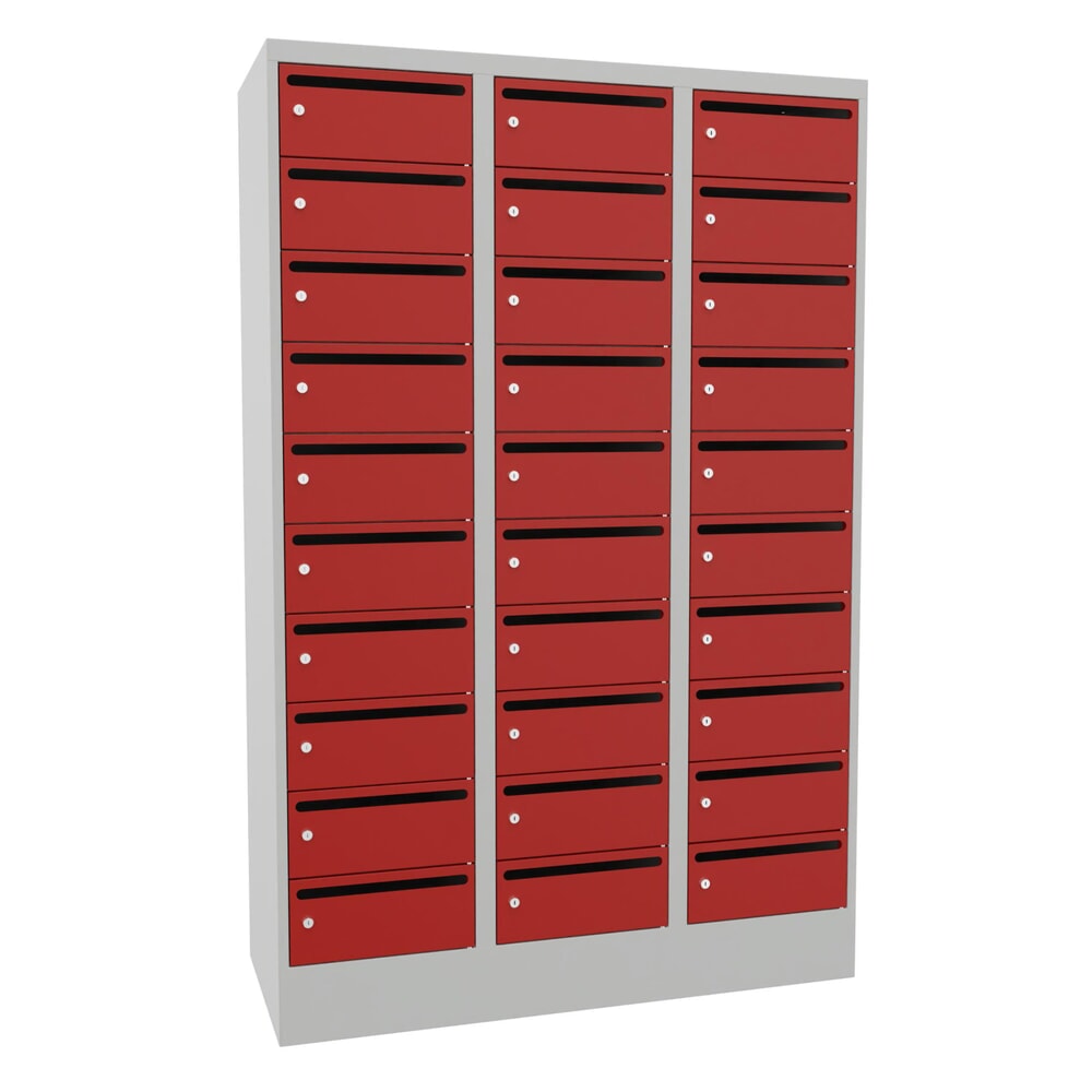 N° de l'image du produit 1 : Meuble de tri du courrier PAVOY, 3 x 10 compartiments, H x l x P 1 850 x 1 230 x 500 mm, rouge feu, gris clair