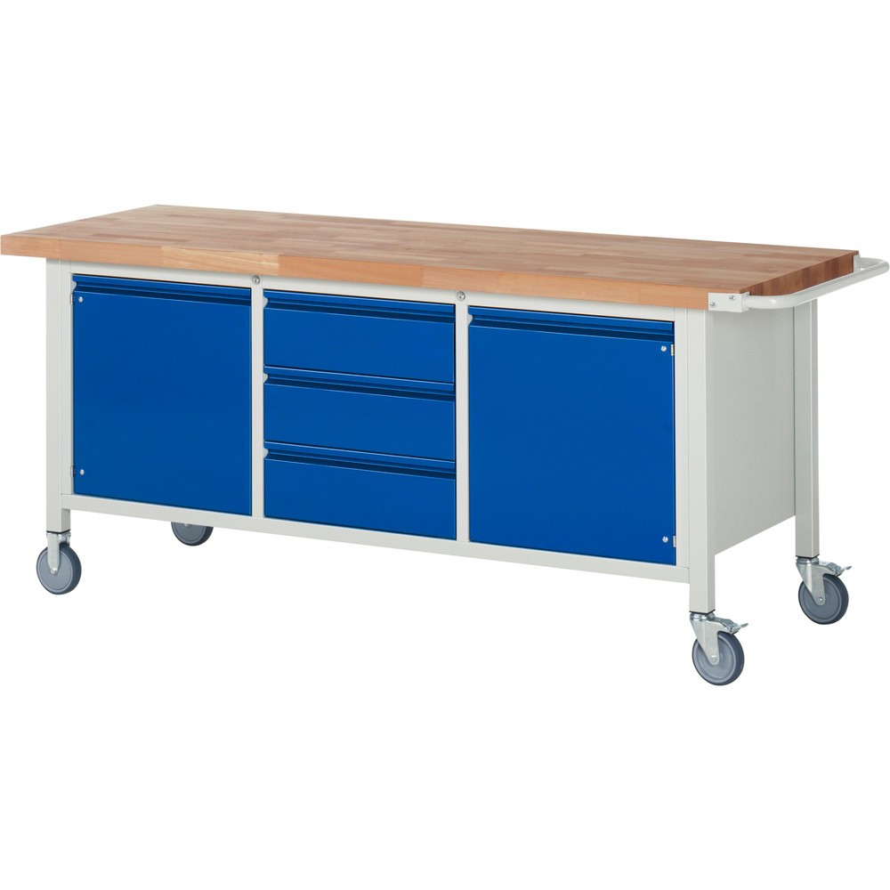 Produktabbildung Nr. 1: Mobiele werkbank RAU serie 8000, 1 driedubbele kast, 1 legbord, 2 draaideuren, hxbxd 880 x 2.000 x 700 mm, 3 lades 3 x 180 mm